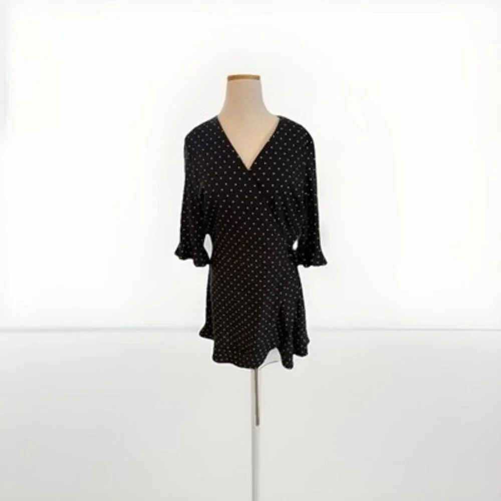 LOFT Black/White Polka Dot Wait Tie Faux Wrap 3/4 Sleeve Mini Skater Dress, Sz 8 - Picture 1 of 16